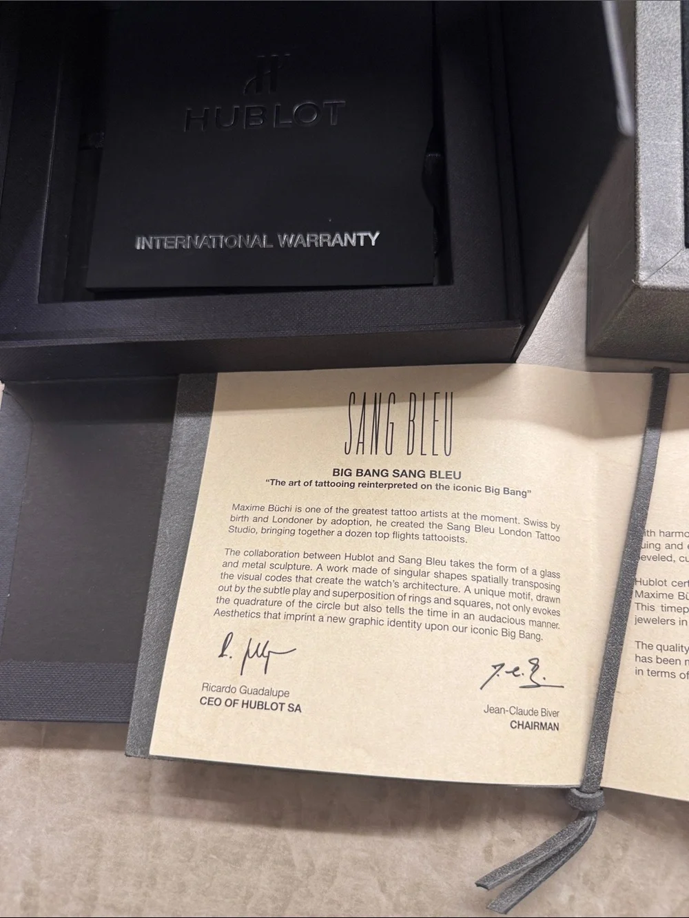 HUBLOT Gray Suede Sang Bleu Collector Watch Case w/ Croc Strap & Original Papers